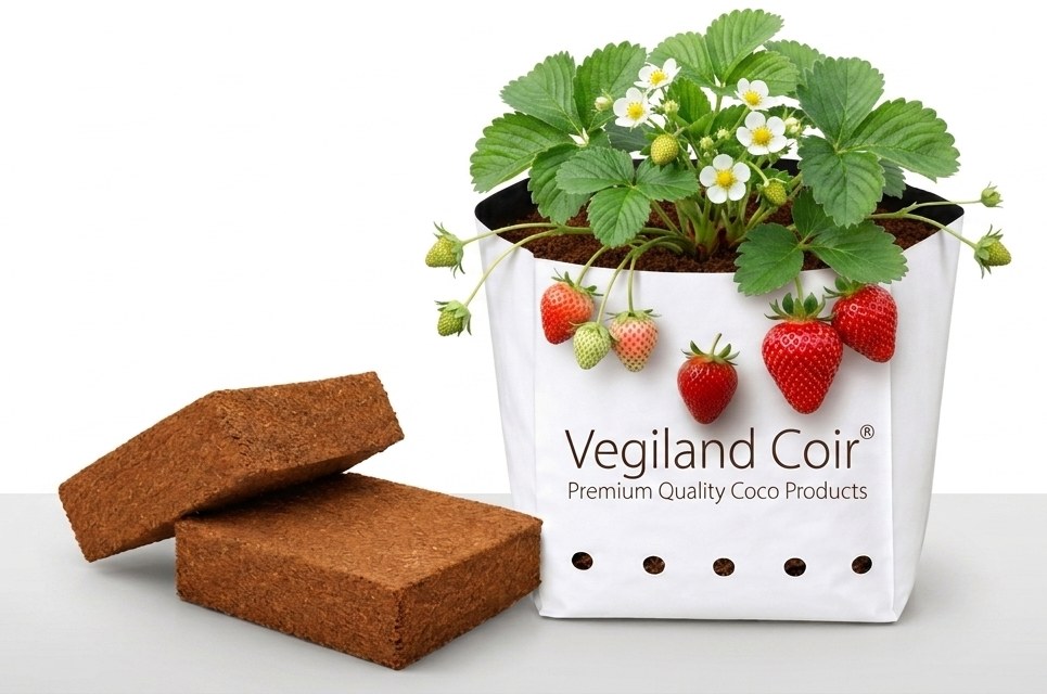 Coco peat planter bag with strawberry plant